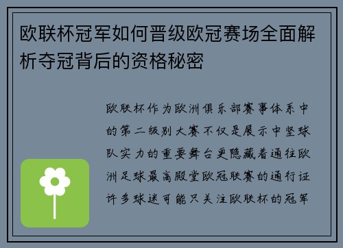 欧联杯冠军如何晋级欧冠赛场全面解析夺冠背后的资格秘密